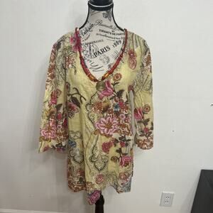 Silk Threads 100% Cotton Floral Tunic W/Attached Beaded Necklace & Medallion LG